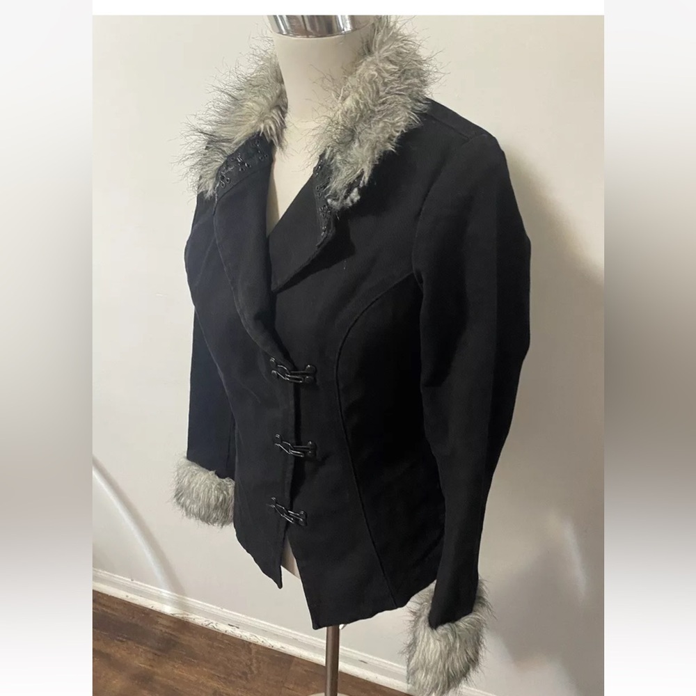 Tripp NYC Y2k Goth Jacket black Denim Faux Fur Collar Cuffs AS NEW - Picture 7 of 8
